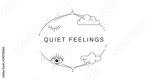 Vector illustration of eye with closed eyelid, clouds and text 'Quiet Feelings', minimalist line art design for poster or social media overlay