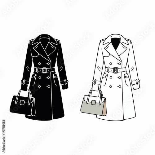 Two trench coats and handbags in black and white colors  fashion illustration