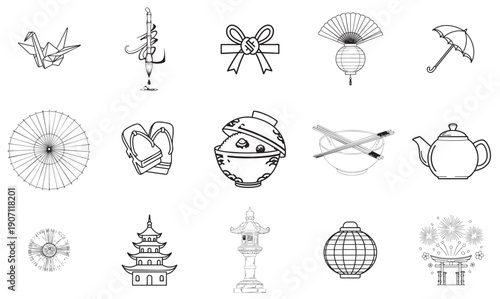 Japanese icons for travel, food, and cultural traditions