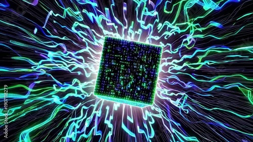 Abstract Digital Cube Surrounded by Vibrant Colorful Waves and Light Trails in a Hypnotic Cyber Space Environment