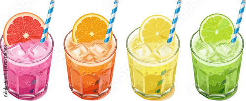 Refreshing citrus summer drink set with iced grapefruit orange lemon and lime sodas in faceted glasses