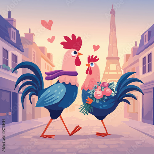Rooster and Hen with Love in Paris Vector Illustration – Romantic Chicken Couple with Eiffel Tower, Valentine Love Theme, Cute Cartoon Style HD Editable Vector Artwork for Greeting Cards, Posters