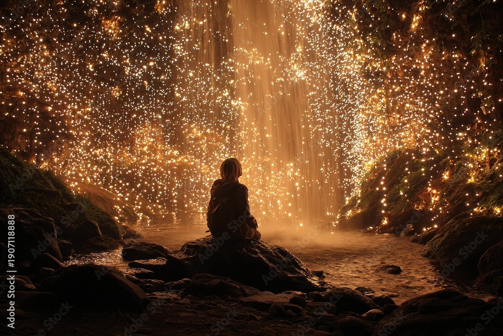 Fototapeta premium elf bathing in a waterfall of stars