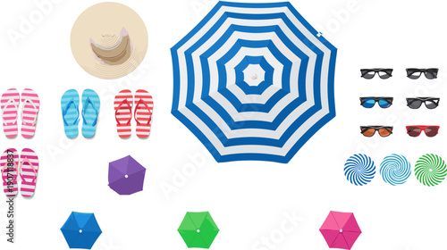 Top down beach holiday set with striped sun umbrella flip flops straw hat and summer sunglasses,