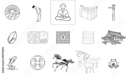 Japanese spiritual and nature icons: meditation, bamboo, and animals