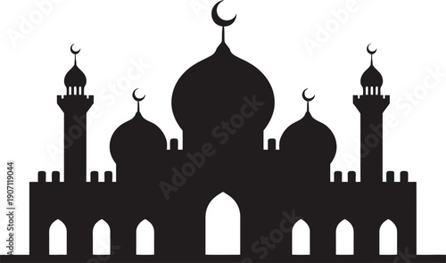 Elegant, minimalist mosque illustration in solid black, representing Islamic architecture and religious themes.