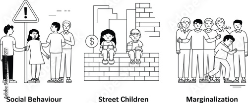 Black and white cartoon illustration showing social behaviour, street children poverty, marginalization exclusion, symbolic artwork highlighting awareness of social issues