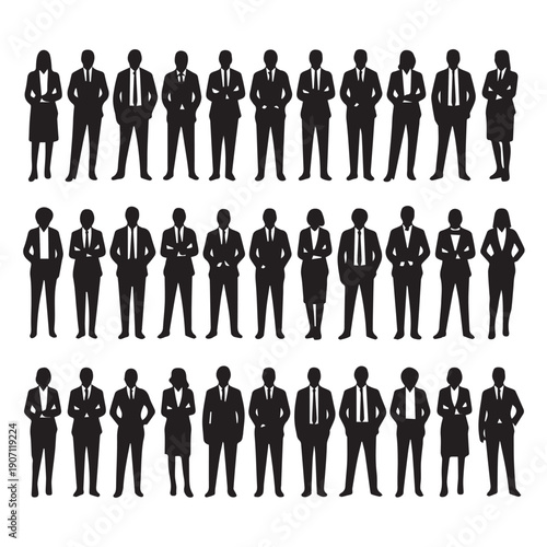Business people , silhouettes, group of standing business men and businesswomen	
