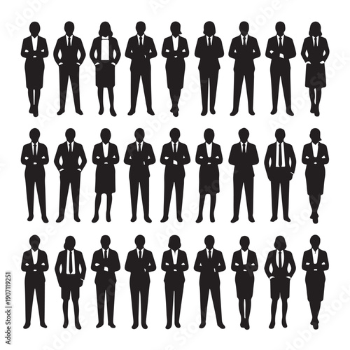 Business people , silhouettes, group of standing business men and businesswomen	
