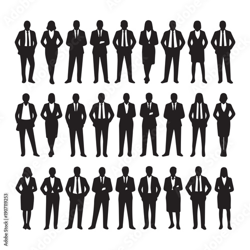 Business people , silhouettes, group of standing business men and businesswomen	
