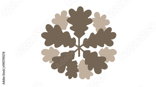 Circular floral design, symmetrical oak leaf motif in muted earth tones, on a white background