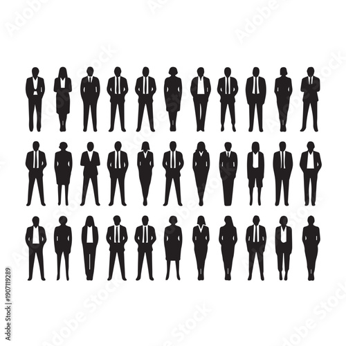 Business people , silhouettes, group of standing business men and businesswomen	
