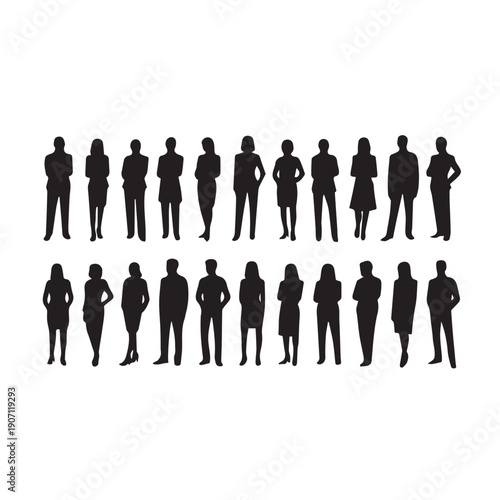 Business people , silhouettes, group of standing business men and businesswomen	
