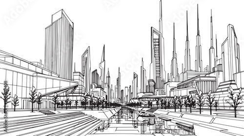 City landscape. Different buildings on street, outline cityscape hand sketch, flat houses. Hand drawn vector illustration