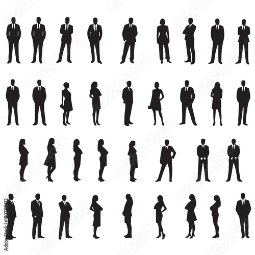 Business people , silhouettes, group of standing business men and businesswomen	
