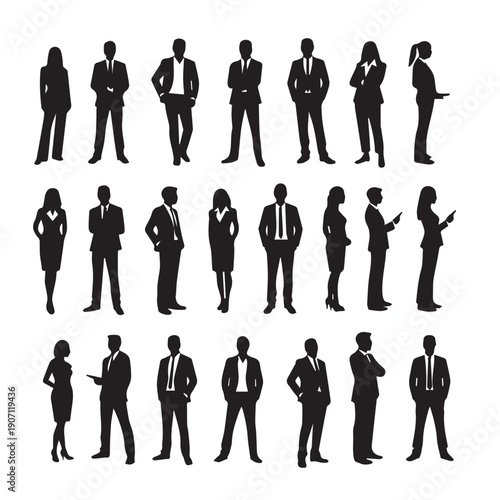 Business people , silhouettes, group of standing business men and businesswomen	
