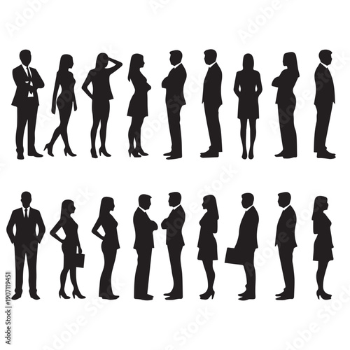 Business people , silhouettes, group of standing business men and businesswomen	
