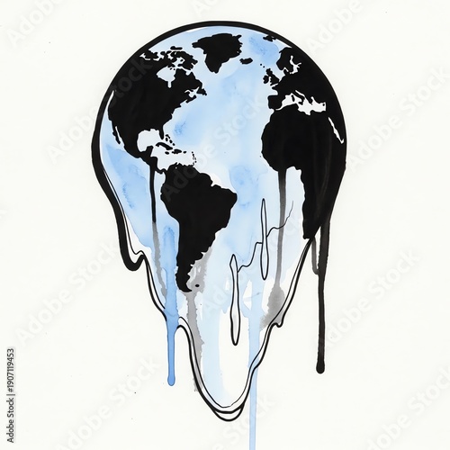 Illustration of a melting globe with a black outline and dripping paint in shades of blue, gray, and black on a white background.