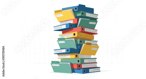 A tall, colorful and disorganized stack of various office binders and document folders with protruding labels sits against a clean white background.