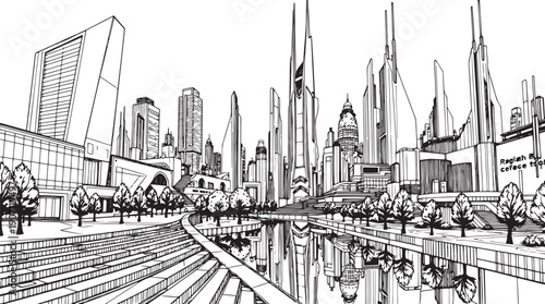 City landscape. Different buildings on street, outline cityscape hand sketch, flat houses. Hand drawn vector illustration