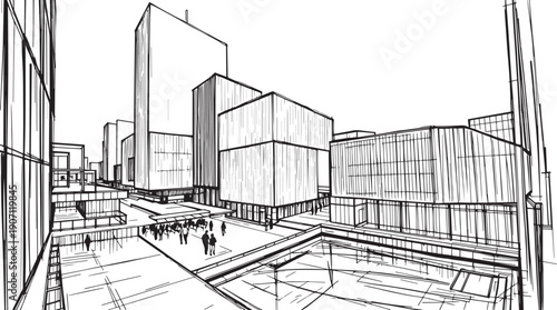 City landscape. Different buildings on street, outline cityscape hand sketch, flat houses. Hand drawn vector illustration