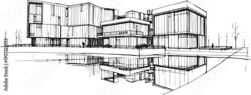 City landscape. Different buildings on street, outline cityscape hand sketch, flat houses. Hand drawn vector illustration