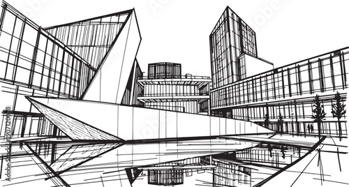 City landscape. Different buildings on street, outline cityscape hand sketch, flat houses. Hand drawn vector illustration