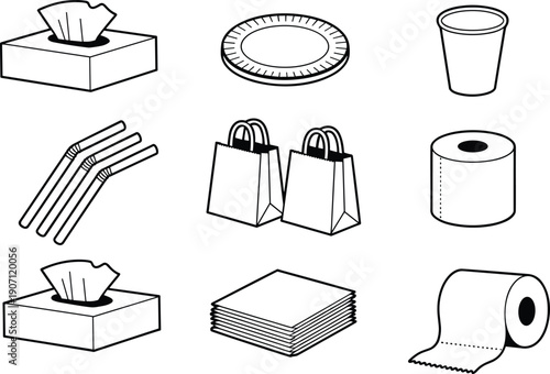 Hand drawn line art set of disposable paper products including tissue box plate cup straws shopping bags and toilet paper isolated
