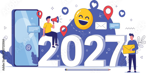 2027 New Year Social Media Marketing Concept Vector Illustration with People, Megaphone, Smartphone, Emoji, and Digital Communication Icons for Business Promotion and Advertising