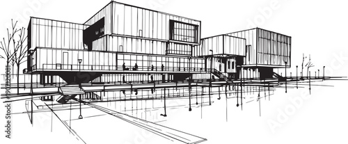 City landscape. Different buildings on street, outline cityscape hand sketch, flat houses. Hand drawn vector illustration