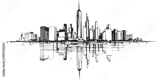 City landscape. Different buildings on street, outline cityscape hand sketch, flat houses. Hand drawn vector illustration