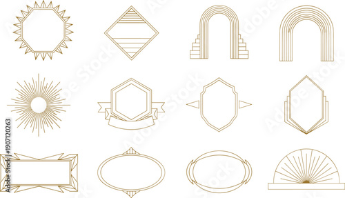 Collection of elegant gold thin line geometric frames and borders in Art Deco style featuring sunbursts arches shields and diamonds isolated on white background