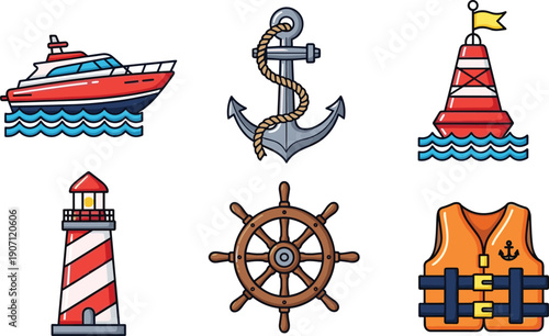 Collection of colorful nautical icons featuring a red motor yacht silver anchor lighthouse buoy wooden ship wheel and orange life vest on white background