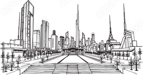 City landscape. Different buildings on street, outline cityscape hand sketch, flat houses. Hand drawn vector illustration