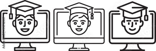 Three graduates celebrating their achievements on their computer screens. Vector