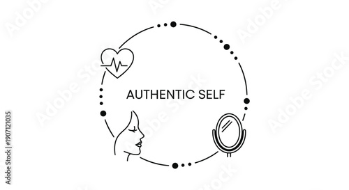 Authentic Self Vector Illustration, Line Art Circle with Heart Rate, Wolf Head and Moon, for Logo or Icon, Isolated on Transparent Background, PNG