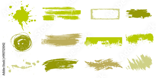 Green brush stroke set. Grungy organic textures. Vector vintage hand-painted lines, circles, squares, rectangles. Abstract scratches, scribbles for retro style eco bio health food package and identity