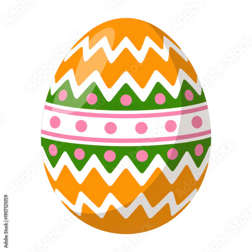 Vibrant orange easter egg isolated on transparent background with green white and pink decorations