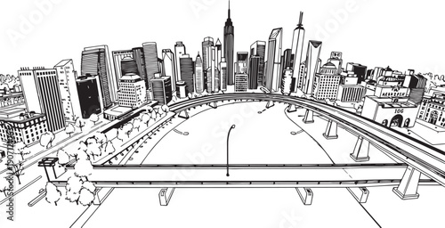 City landscape. Different buildings on street, outline cityscape hand sketch, flat houses. Hand drawn vector illustration