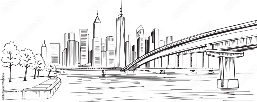 Fototapeta premium City landscape. Different buildings on street, outline cityscape hand sketch, flat houses. Hand drawn vector illustration