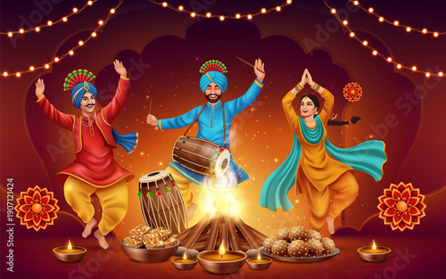 Lohri festival dance celebration scene composition 3d cartoon