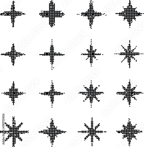 Star icons pixelated bitmap dithered texture retro design Y2K aesthetic digital noise lo-fi grunge asset isolated on transparent background vector illustration.