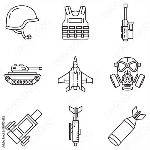 A collection of military icons and equipment for defense and protection