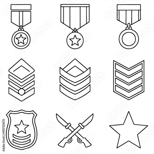A collection of military insignia and symbols, including medals, badges, and rank insignia.