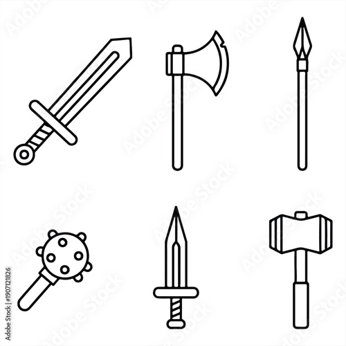 A collection of medieval weapons including swords, axes, and mallets on a white background