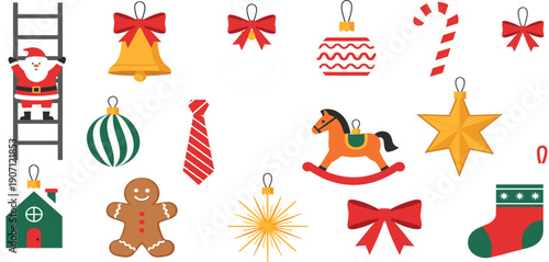 Flat Christmas Icon Set Featuring Santa Claus, Ornaments, Gingerbread Man, Rocking Horse, Candy Cane, and Festive Decorations for Holiday Website UI, Greeting Cards, and Pattern Designs