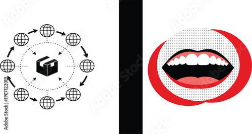 Global Logistics Supply Chain Network with World Map Icons and Mouth Anatomy Oral Care Concept for International Business Shipping and Healthcare Services