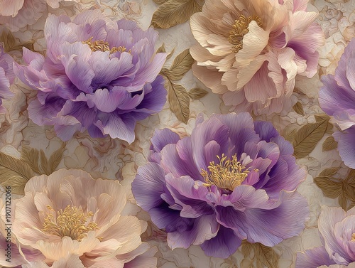 Elegant, chic, vintage seamless repeatable pattern featuring blooming violet peonies