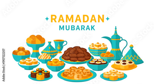 Ramadan mubarak festive table setting with traditional middle eastern sweets and drinks on a white background