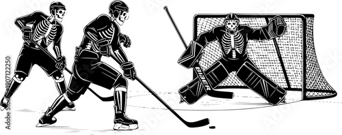 vector silhouette of a skeleton team playing hokey